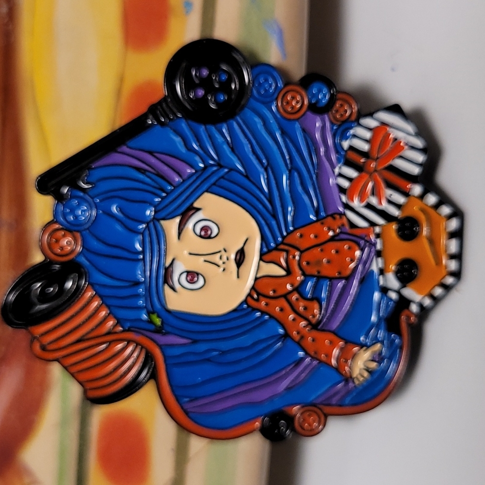 * Coraline * hat pin/Brooch-Painted Enamel, 2 Posts, Blacklight Reactive, CUTE☮❤